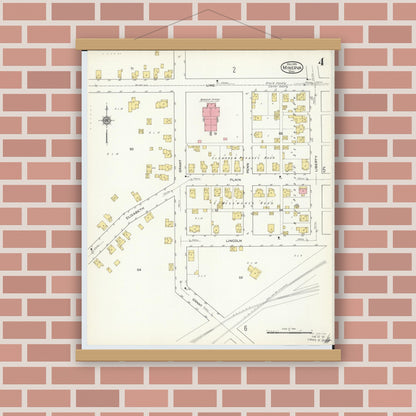 Old map wall art mockup — magnetic wood frame on brick wall — Sanborn Fire Insurance Map from Minerva, Stark And Carroll Counties, Ohio (1915), Sheet #0004
