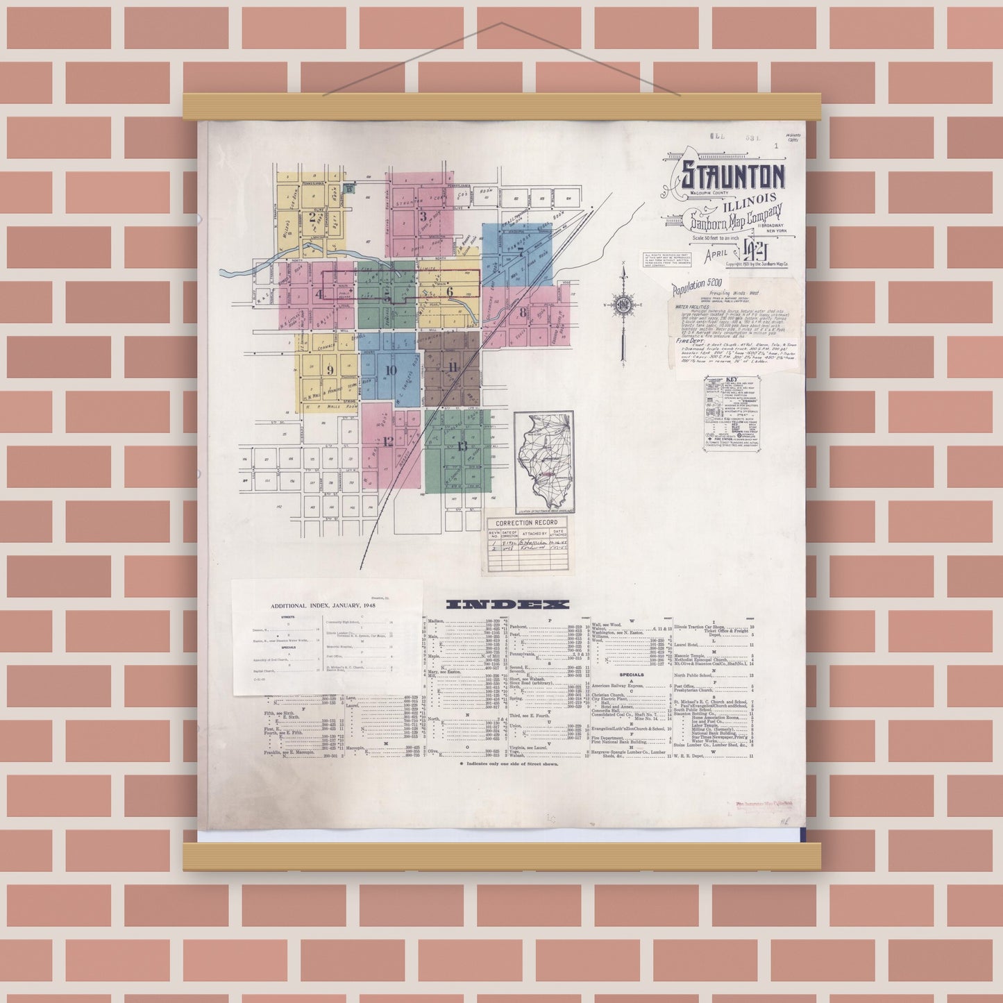 Old map wall art mockup — magnetic wood frame on brick wall — Sanborn Fire Insurance Map from Staunton, Macoupin County, Illinois (1948), Sheet #0001