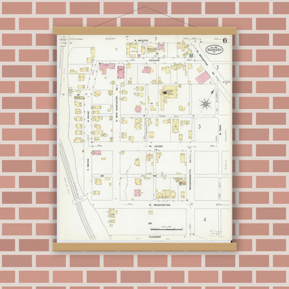 Old map wall art mockup — magnetic wood frame on brick wall — Sanborn Fire Insurance Map from Rochester, Beaver County, Pennsylvania (1908), Sheet #0006
