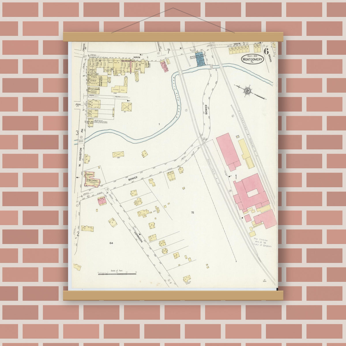 Old map wall art mockup — magnetic wood frame on brick wall — Sanborn Fire Insurance Map from Montgomery, Lycoming County, Pennsylvania (1912), Sheet #0006