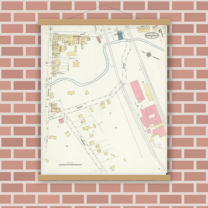 Old map wall art mockup — magnetic wood frame on brick wall — Sanborn Fire Insurance Map from Montgomery, Lycoming County, Pennsylvania (1912), Sheet #0006
