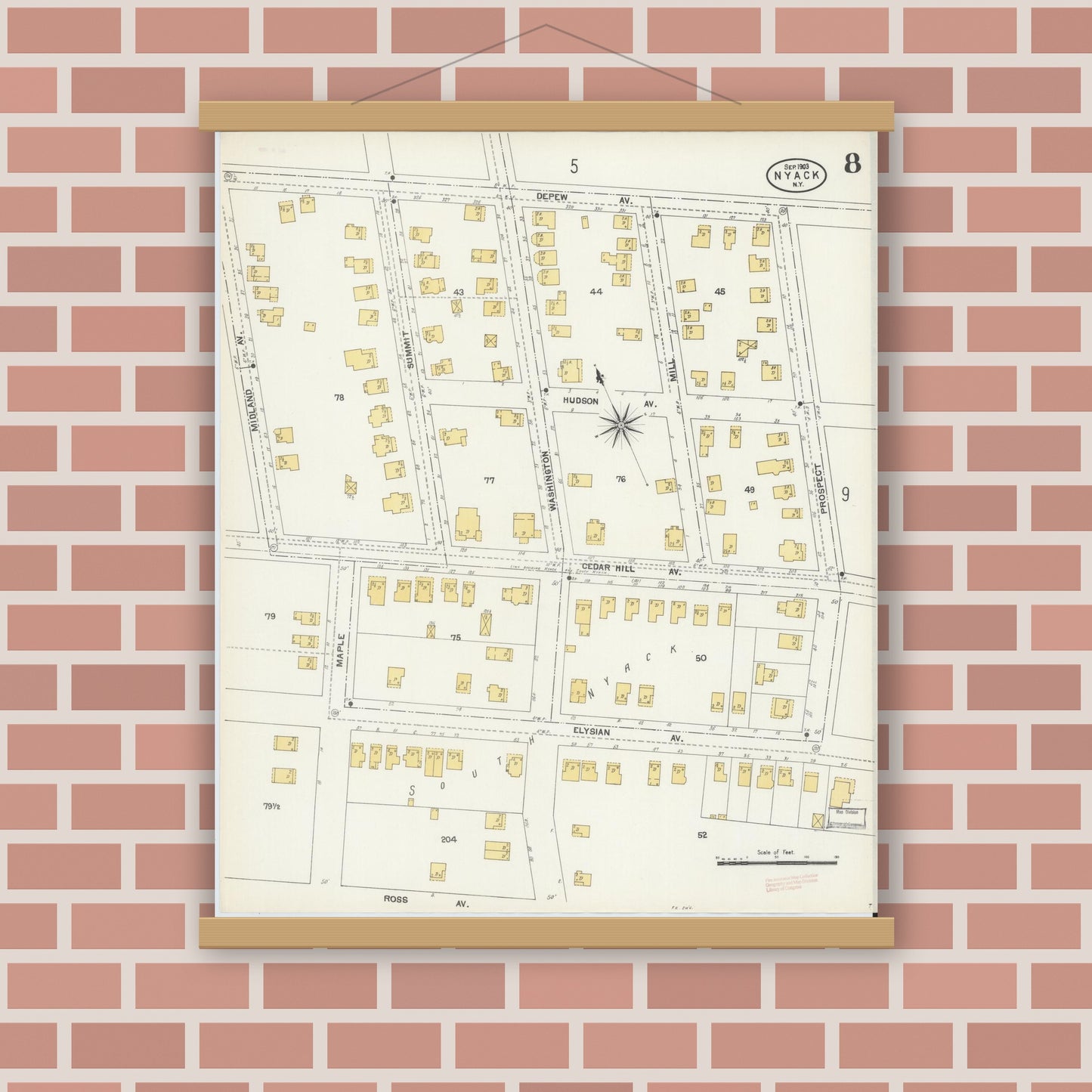 Old map wall art mockup — magnetic wood frame on brick wall — Sanborn Fire Insurance Map from Nyack, Rockland County, New York. (1903), Sheet #0008