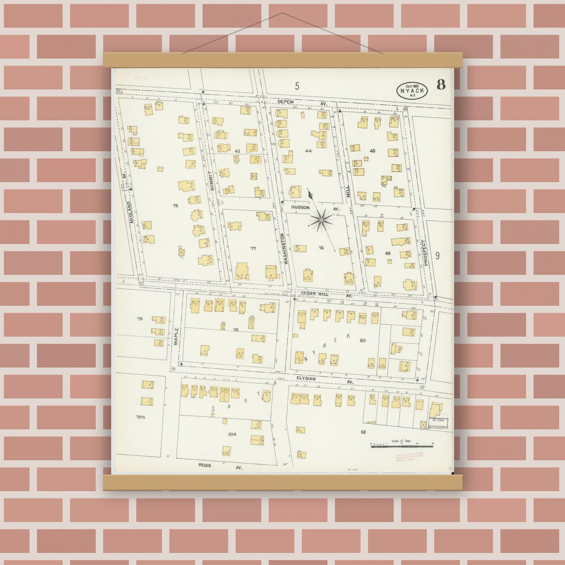 Old map wall art mockup — magnetic wood frame on brick wall — Sanborn Fire Insurance Map from Nyack, Rockland County, New York. (1903), Sheet #0008