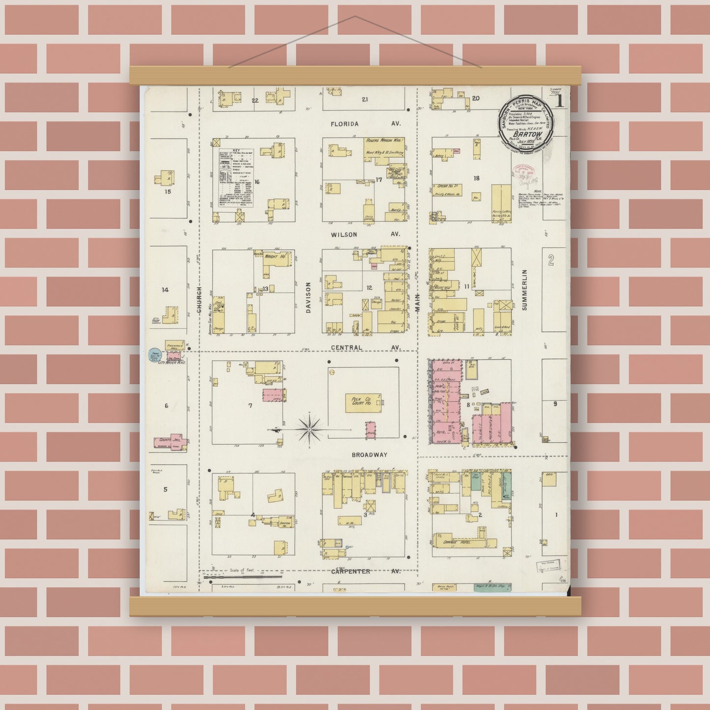 Old map wall art mockup — magnetic wood frame on brick wall — Sanborn Fire Insurance Map from Bartow, Polk County, Florida (1895) - Complete Map Set