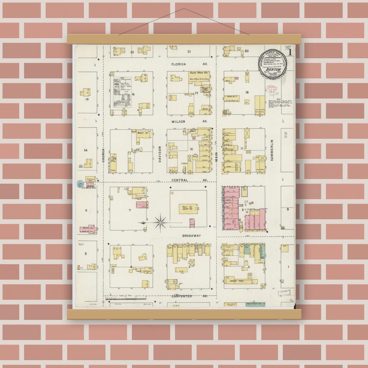 Old map wall art mockup — magnetic wood frame on brick wall — Sanborn Fire Insurance Map from Bartow, Polk County, Florida (1895) - Complete Map Set