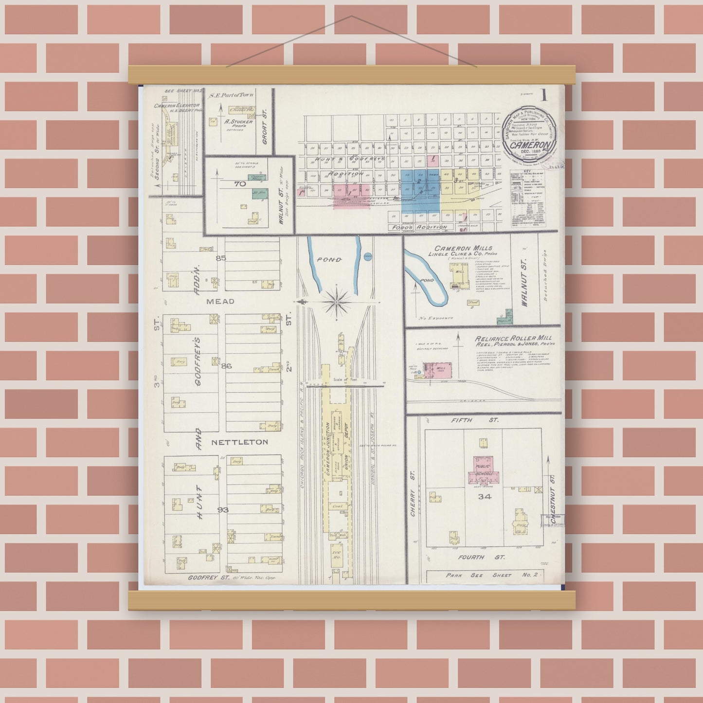 Old map wall art mockup — magnetic wood frame on brick wall — Sanborn Fire Insurance Map from Cameron, Clinton County, Missouri (1885) - Complete Map Set