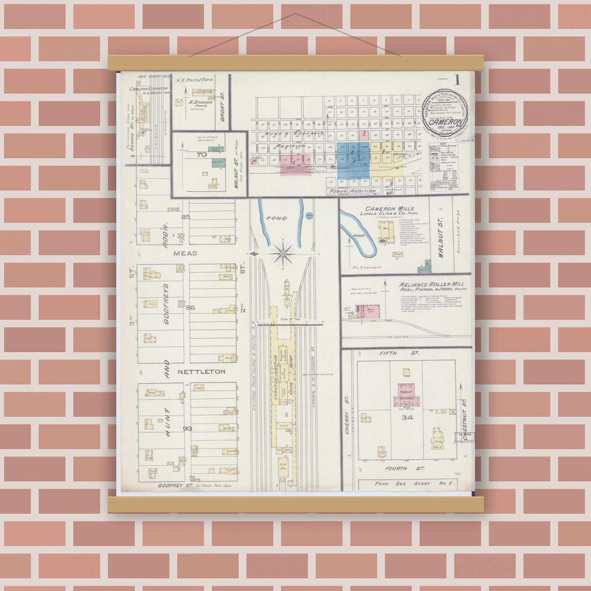 Old map wall art mockup — magnetic wood frame on brick wall — Sanborn Fire Insurance Map from Cameron, Clinton County, Missouri (1885) - Complete Map Set