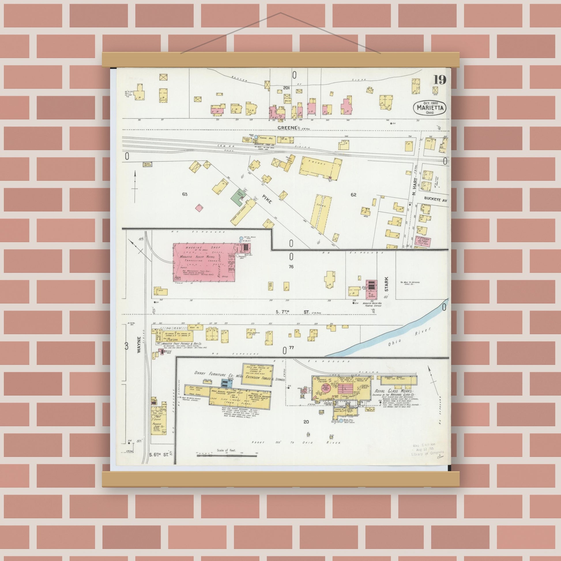 Old map wall art mockup — magnetic wood frame on brick wall — Sanborn Fire Insurance Map from Marietta, Washington County, Ohio (1900), Sheet #0019