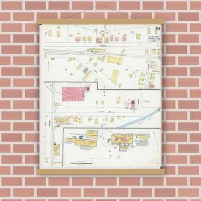 Old map wall art mockup — magnetic wood frame on brick wall — Sanborn Fire Insurance Map from Marietta, Washington County, Ohio (1900), Sheet #0019