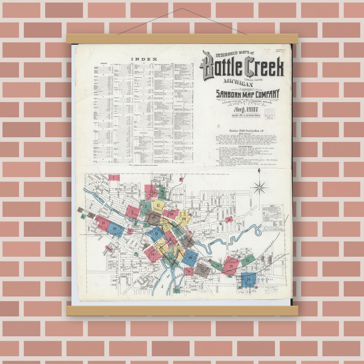 Old map wall art mockup — magnetic wood frame on brick wall — Sanborn Fire Insurance Map from Battle Creek, Calhoun County, Michigan (1907), Sheet #0001