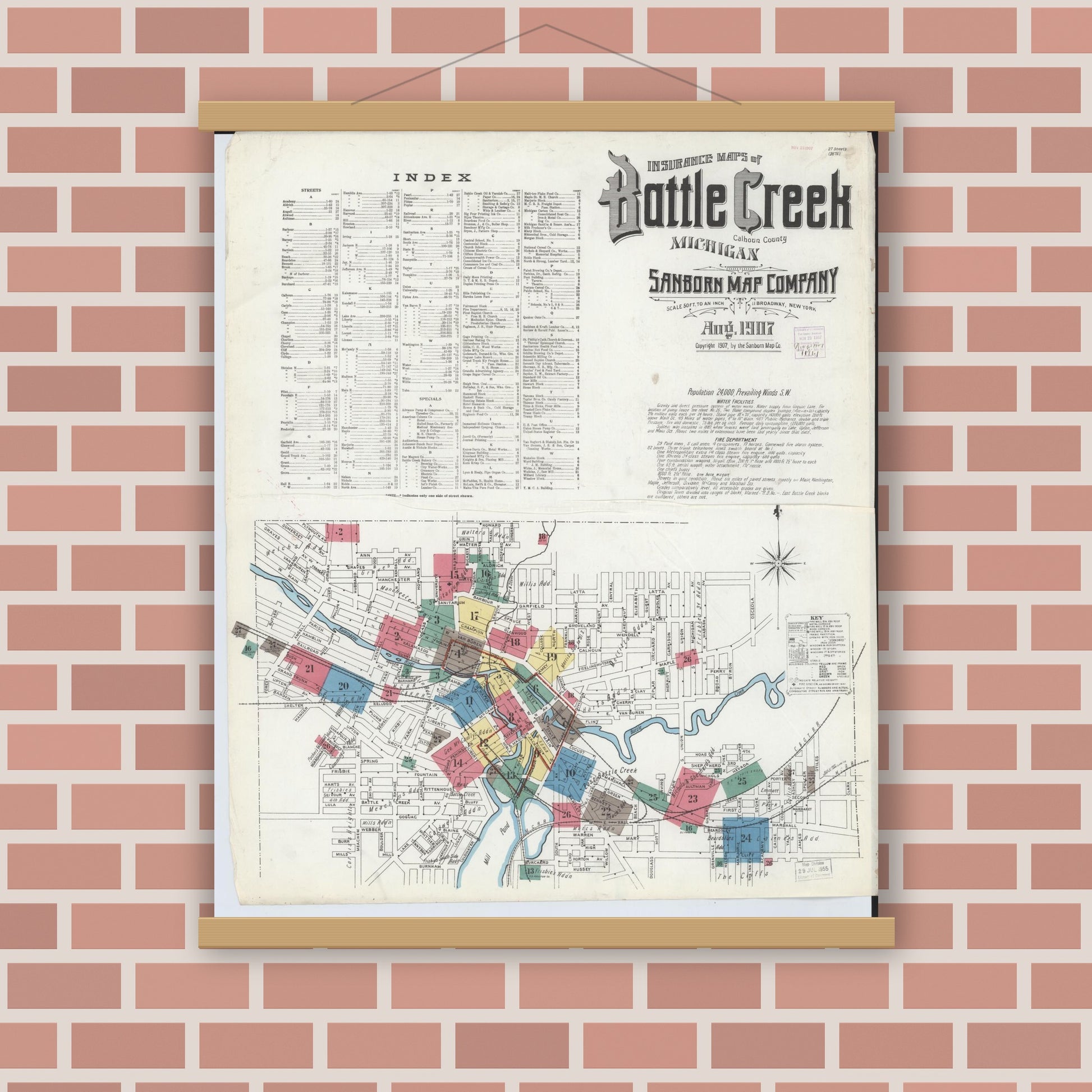 Old map wall art mockup — magnetic wood frame on brick wall — Sanborn Fire Insurance Map from Battle Creek, Calhoun County, Michigan (1907), Sheet #0001