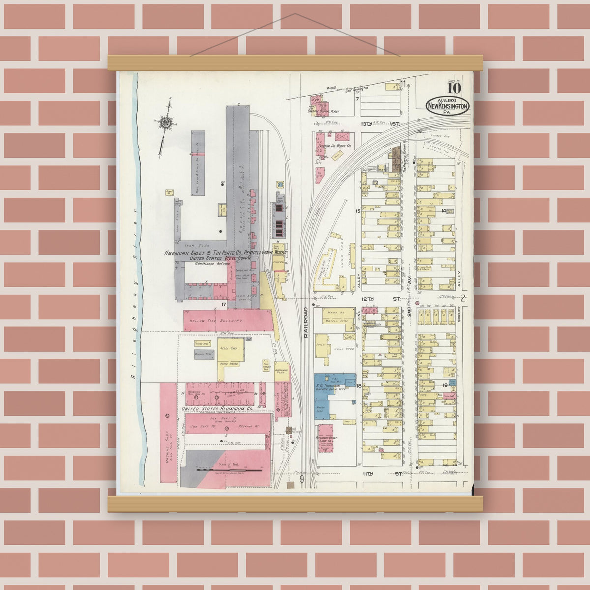 Old map wall art mockup — magnetic wood frame on brick wall — Sanborn Fire Insurance Map from New Kensington, Westmoreland County, Pennsylvania (1921), Sheet #0010