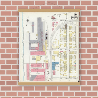 Old map wall art mockup — magnetic wood frame on brick wall — Sanborn Fire Insurance Map from New Kensington, Westmoreland County, Pennsylvania (1921), Sheet #0010