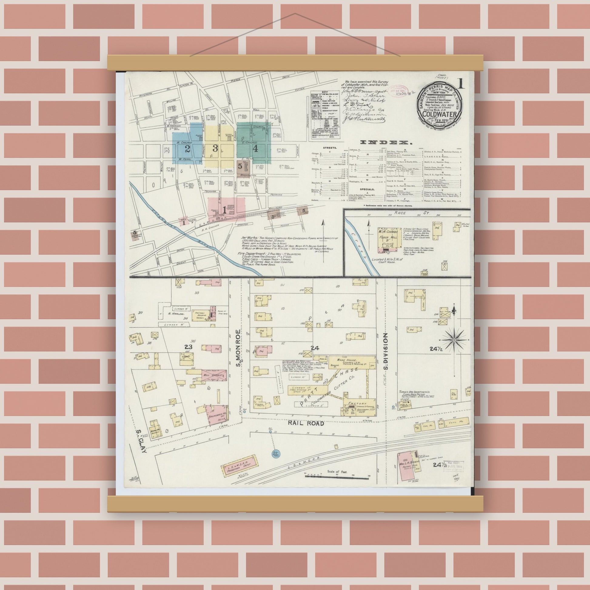 Old map wall art mockup — magnetic wood frame on brick wall — Sanborn Fire Insurance Map from Coldwater, Branch County, Michigan (1891), Sheet #0001