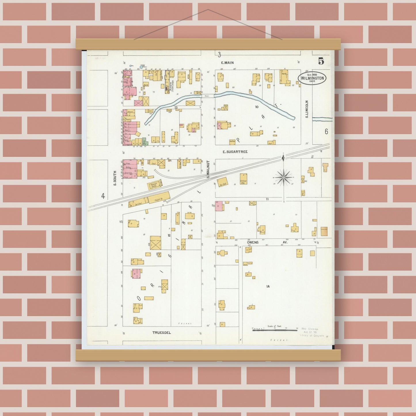 Old map wall art mockup — magnetic wood frame on brick wall — Sanborn Fire Insurance Map from Wilmington, Clinton County, Ohio (1900), Sheet #0005