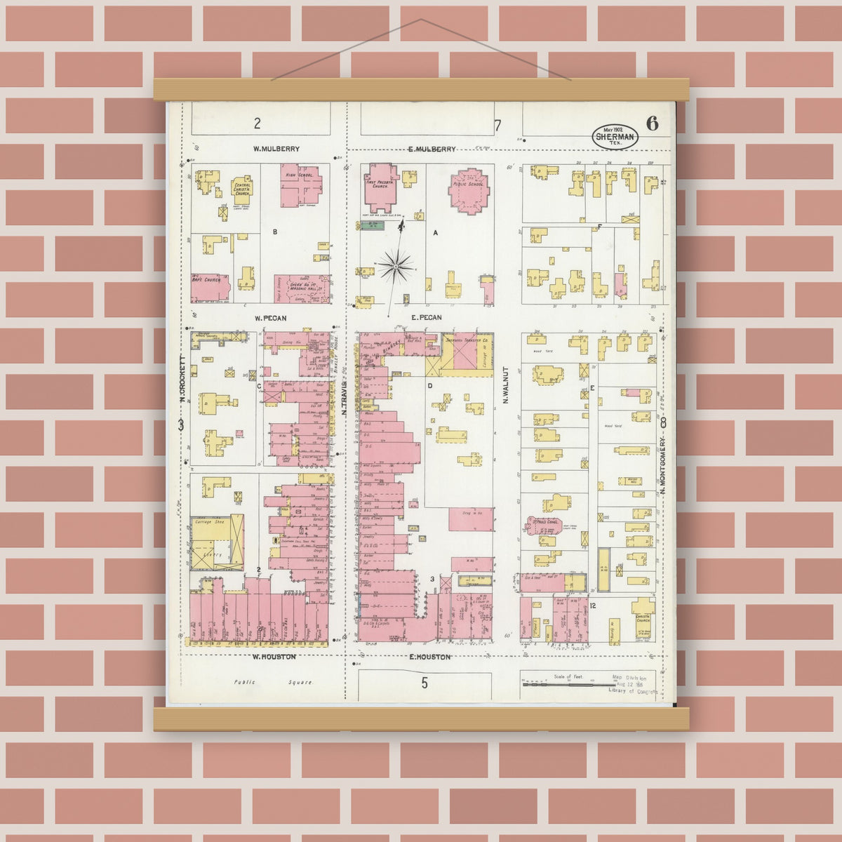 Old map wall art mockup — magnetic wood frame on brick wall — Sanborn Fire Insurance Map from Sherman, Grayson County, Texas (1902), Sheet #0006