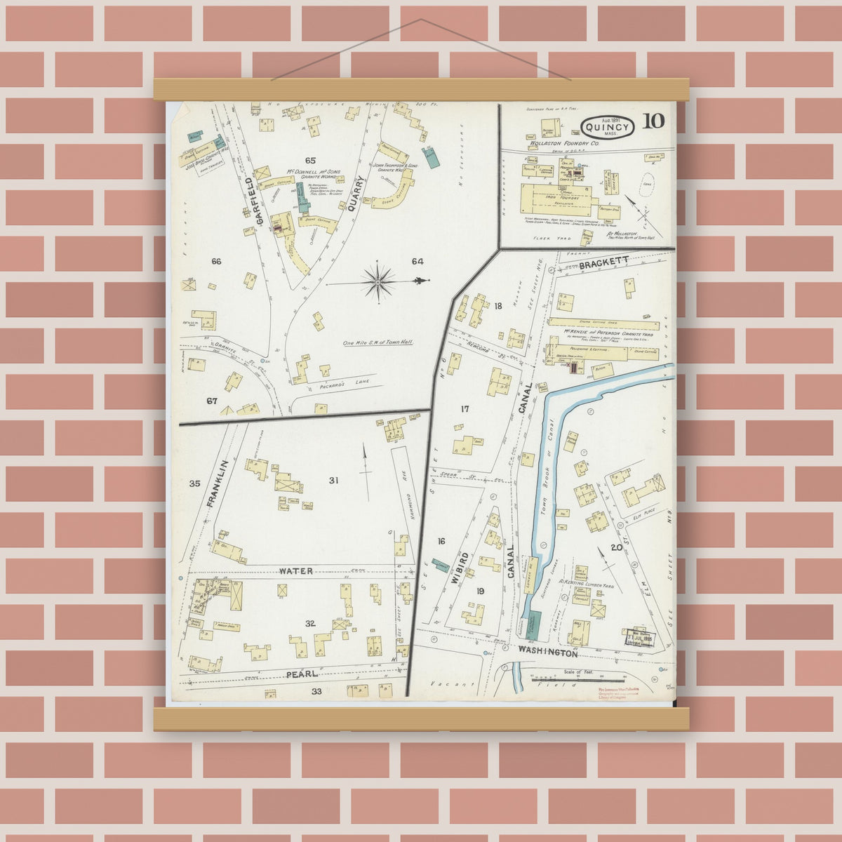 Old map wall art mockup — magnetic wood frame on brick wall — Sanborn Fire Insurance Map from Quincy, Norfolk County, Massachusetts (1891), Sheet #0010