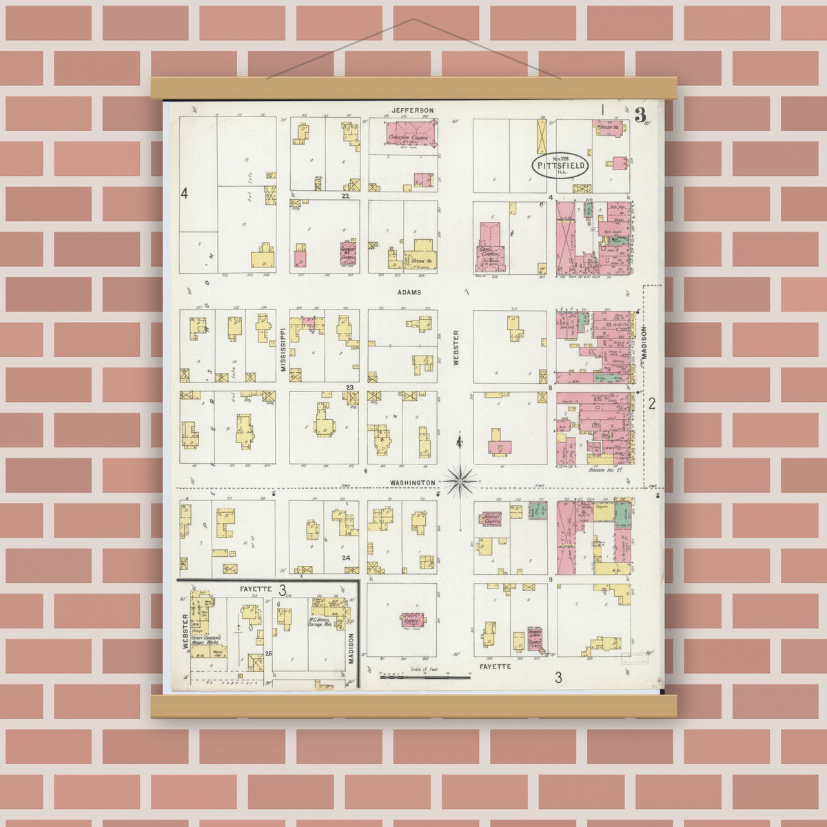 Old map wall art mockup — magnetic wood frame on brick wall — Sanborn Fire Insurance Map from Pittsfield, Pike County, Illinois (1898), Sheet #0003