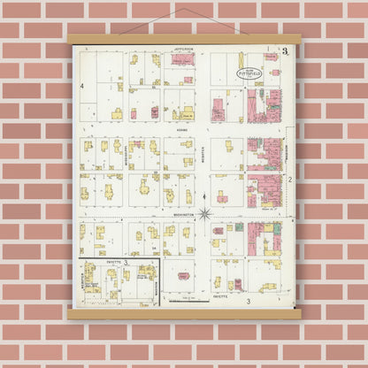 Old map wall art mockup — magnetic wood frame on brick wall — Sanborn Fire Insurance Map from Pittsfield, Pike County, Illinois (1898), Sheet #0003