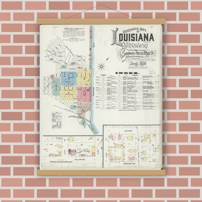 Old map wall art mockup — magnetic wood frame on brick wall — Sanborn Fire Insurance Map from Louisiana, Pike County, Missouri (1896) - Complete Map Set
