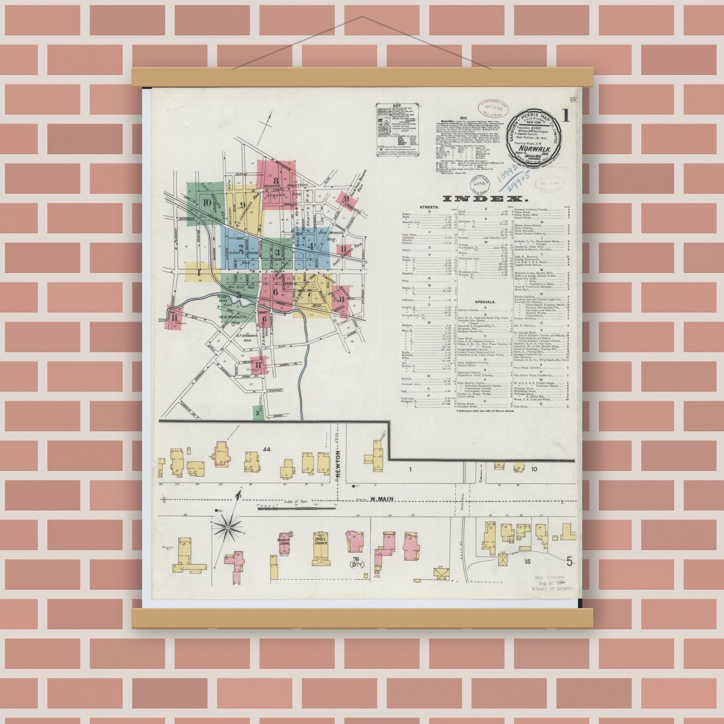 Old map wall art mockup — magnetic wood frame on brick wall — Sanborn Fire Insurance Map from Norwalk, Huron County, Ohio (1899) - Complete Map Set