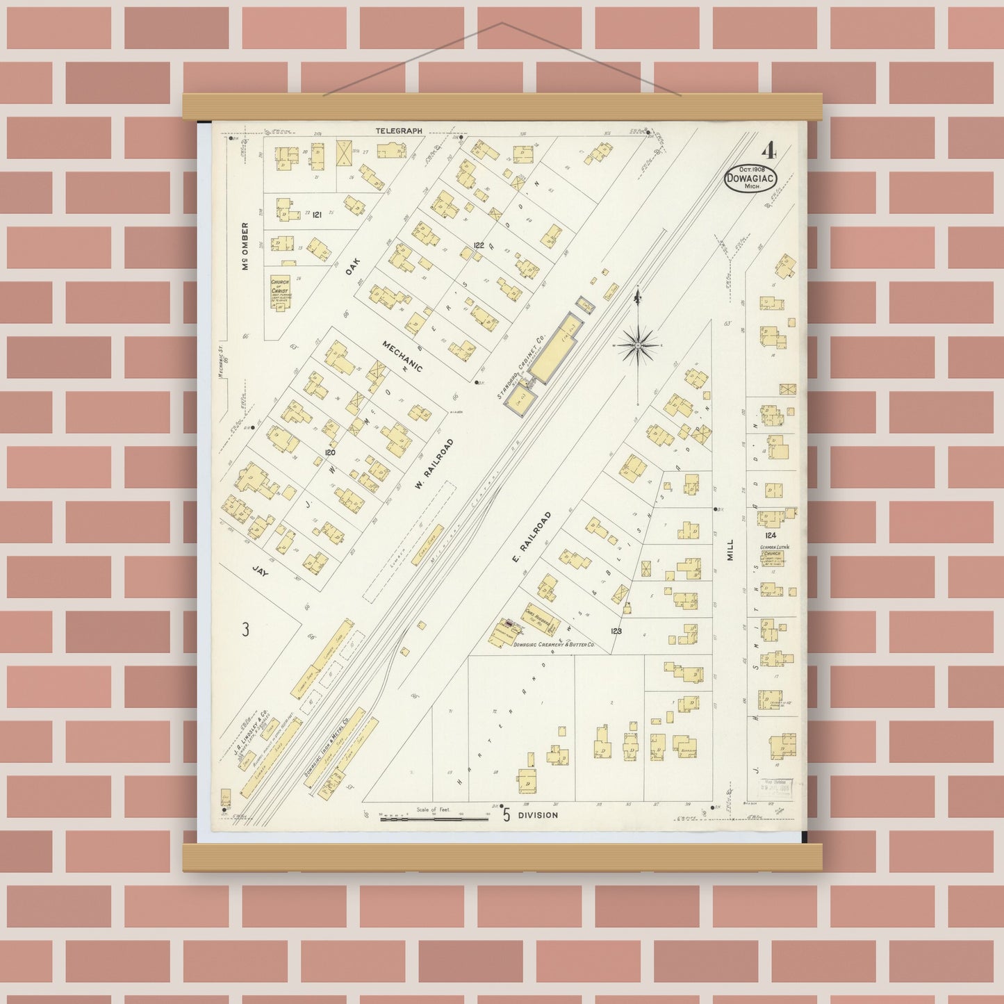Old map wall art mockup — magnetic wood frame on brick wall — Sanborn Fire Insurance Map from Dowagiac, Cass County, Michigan (1908), Sheet #0004