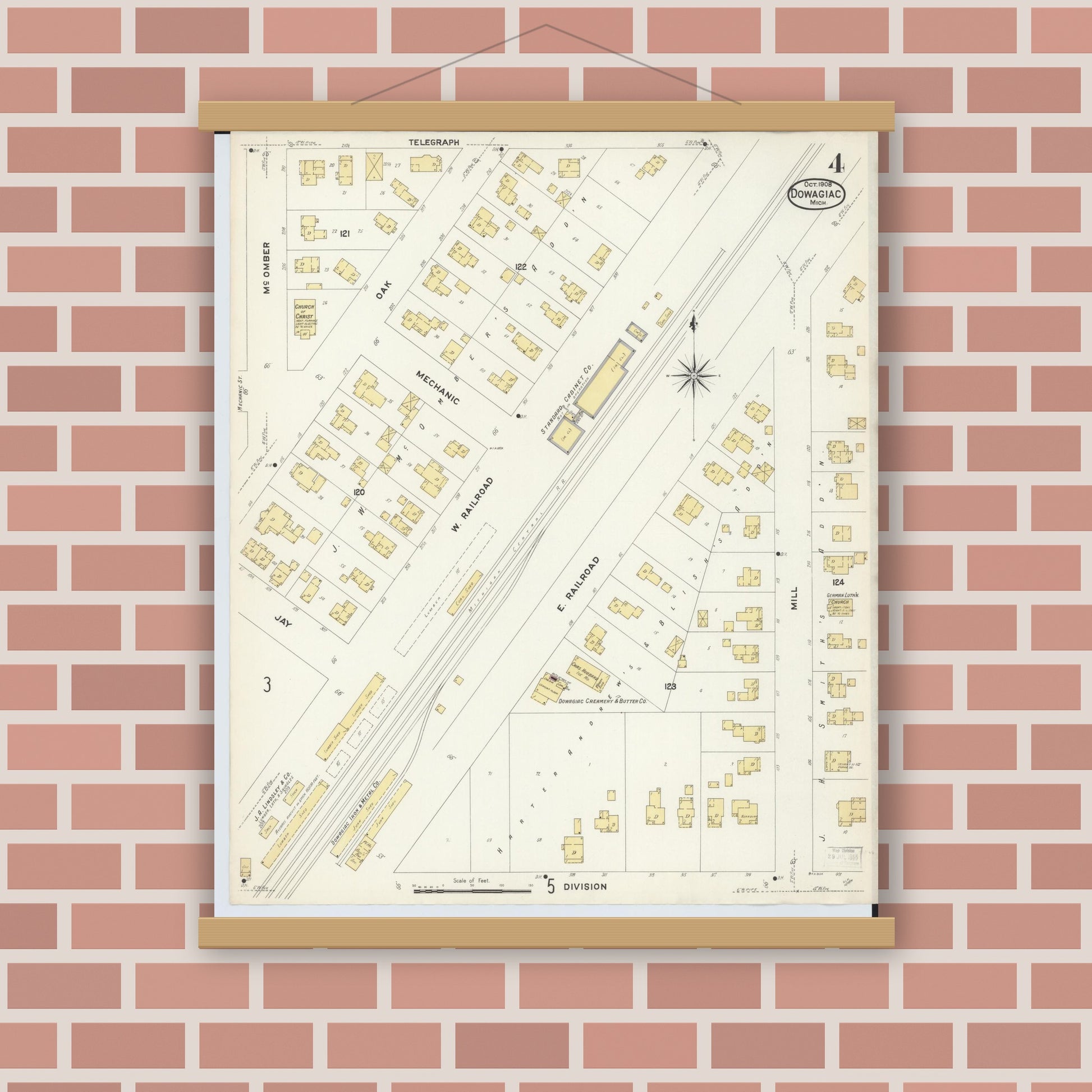 Old map wall art mockup — magnetic wood frame on brick wall — Sanborn Fire Insurance Map from Dowagiac, Cass County, Michigan (1908), Sheet #0004