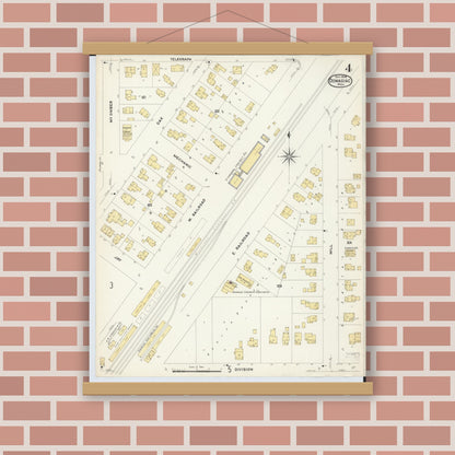 Old map wall art mockup — magnetic wood frame on brick wall — Sanborn Fire Insurance Map from Dowagiac, Cass County, Michigan (1908), Sheet #0004