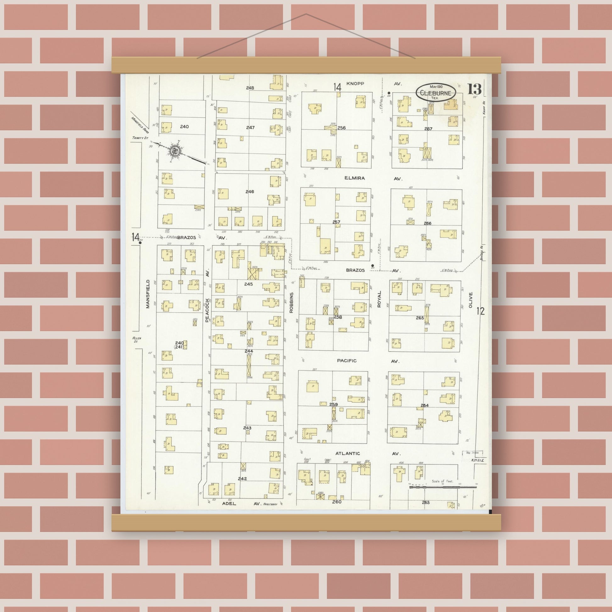 Old map wall art mockup — magnetic wood frame on brick wall — Sanborn Fire Insurance Map from Cleburne, Johnson County, Texas (1910), Sheet #0013