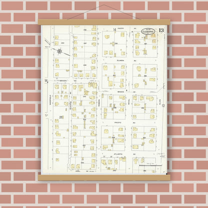 Old map wall art mockup — magnetic wood frame on brick wall — Sanborn Fire Insurance Map from Cleburne, Johnson County, Texas (1910), Sheet #0013