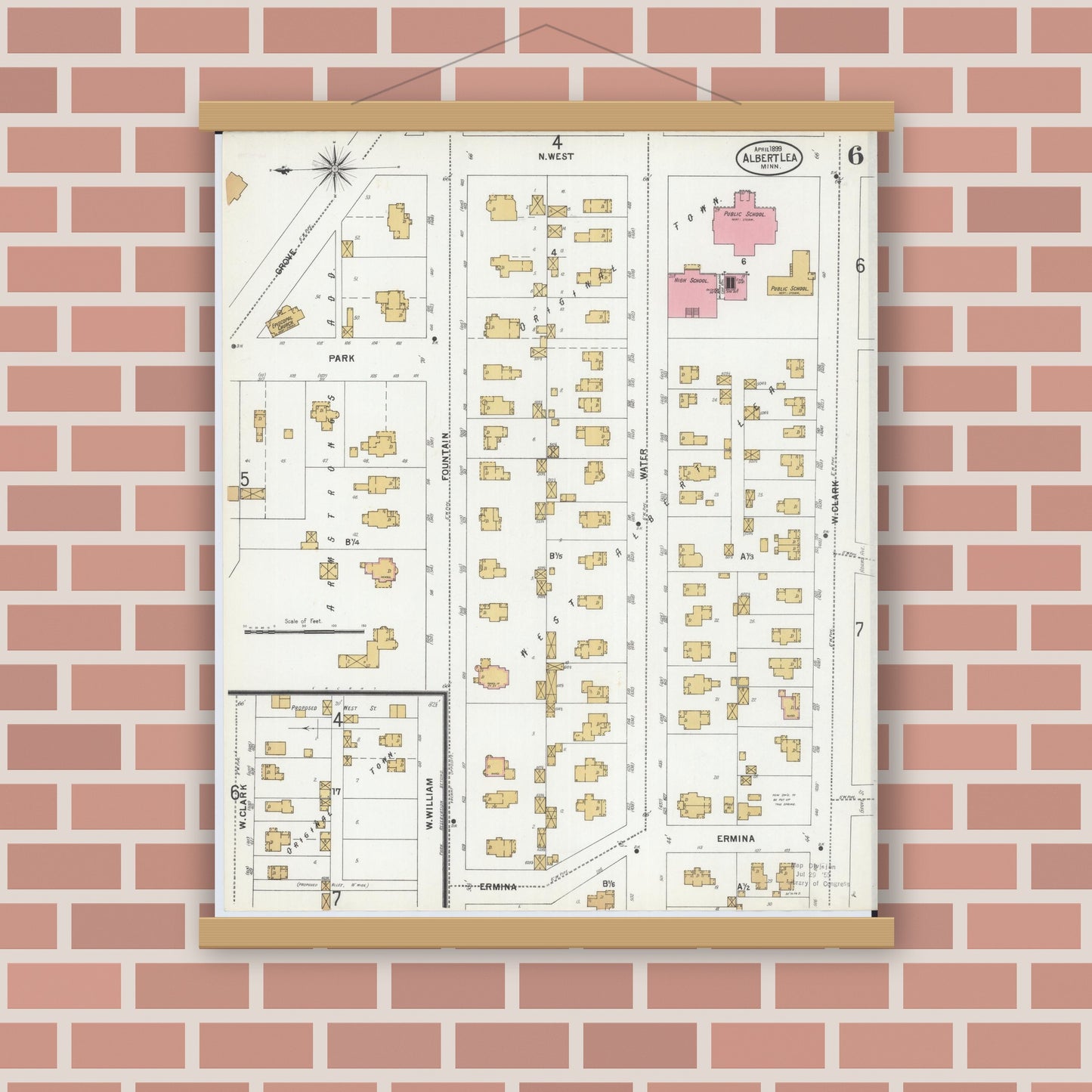 Old map wall art mockup — magnetic wood frame on brick wall — Sanborn Fire Insurance Map from Albert Lea, Freeborn County, Minnesota (1899), Sheet #0006