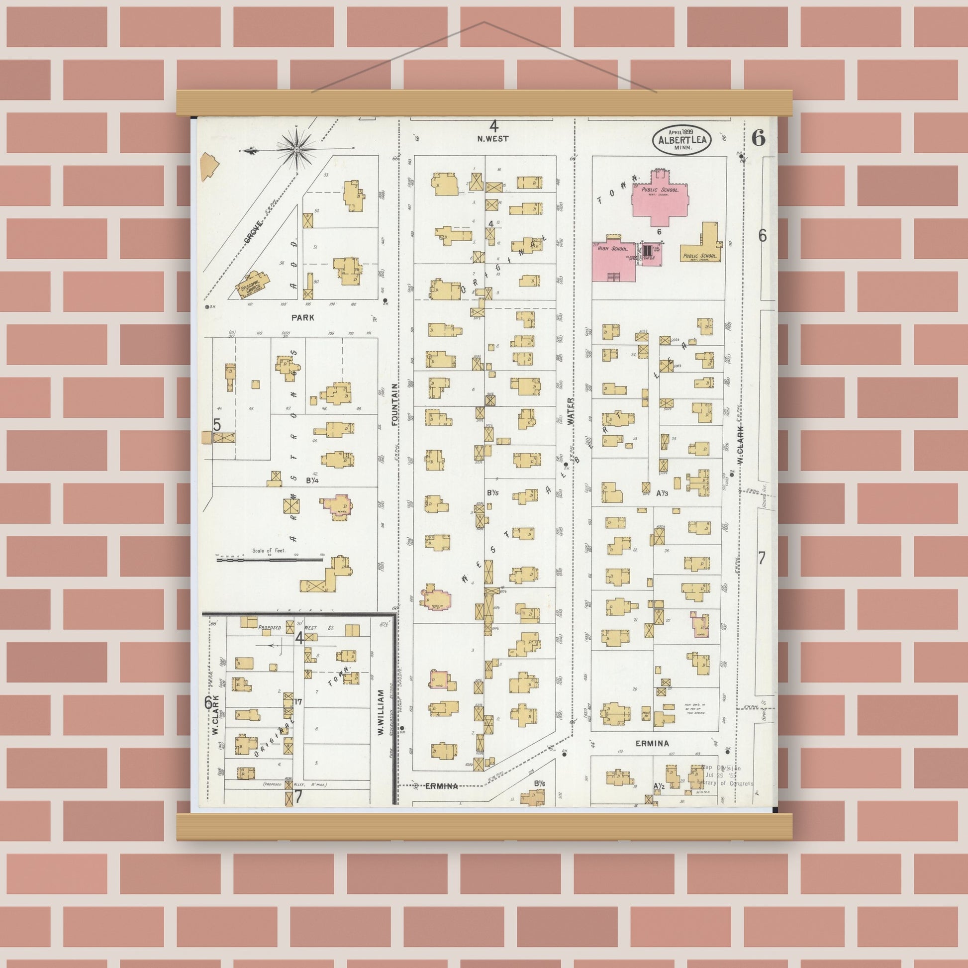 Old map wall art mockup — magnetic wood frame on brick wall — Sanborn Fire Insurance Map from Albert Lea, Freeborn County, Minnesota (1899), Sheet #0006