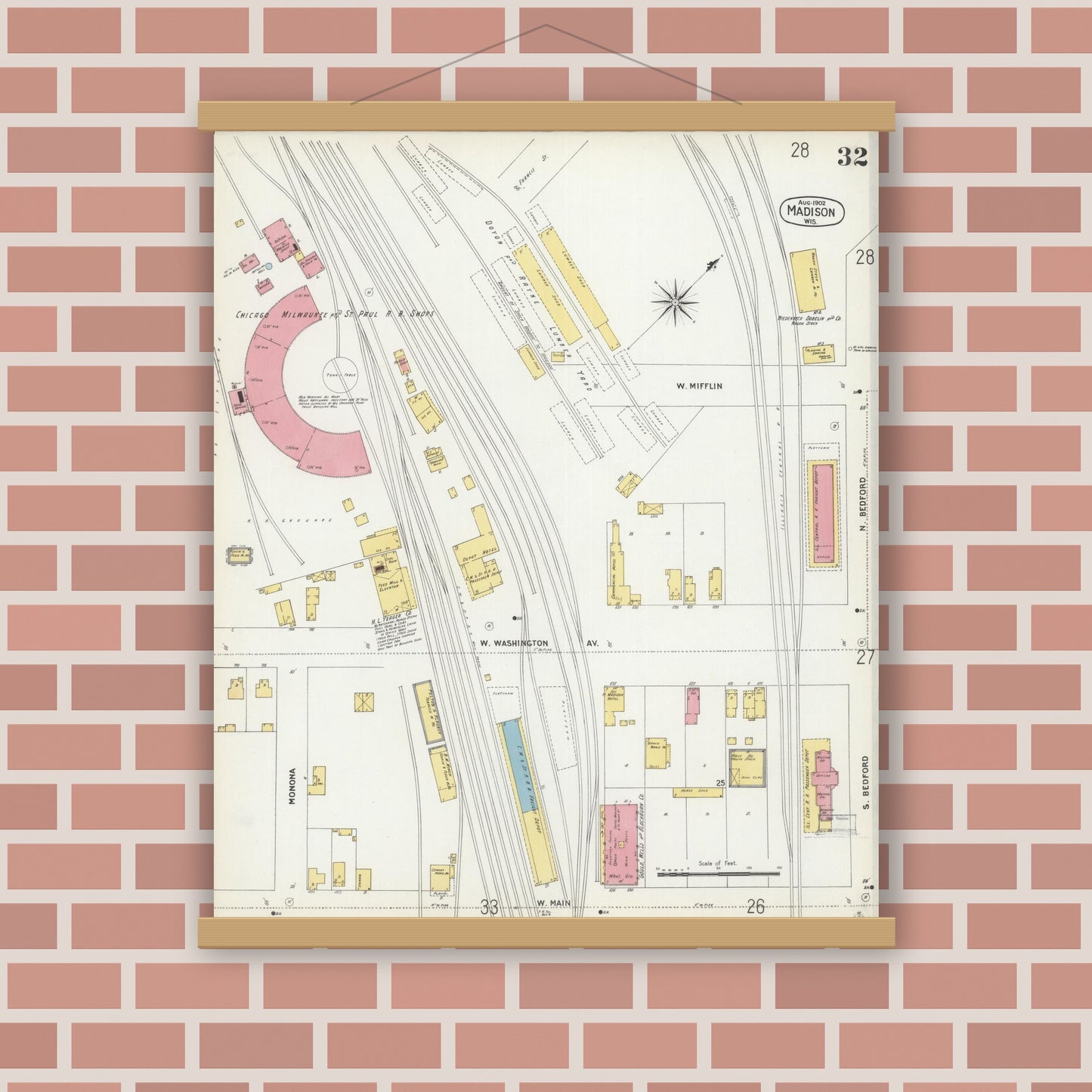 Old map wall art mockup — magnetic wood frame on brick wall — Sanborn Fire Insurance Map from Madison, Dane County, Wisconsin (1902), Sheet #0032