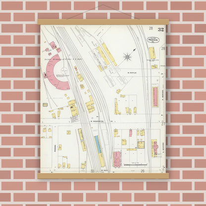 Old map wall art mockup — magnetic wood frame on brick wall — Sanborn Fire Insurance Map from Madison, Dane County, Wisconsin (1902), Sheet #0032