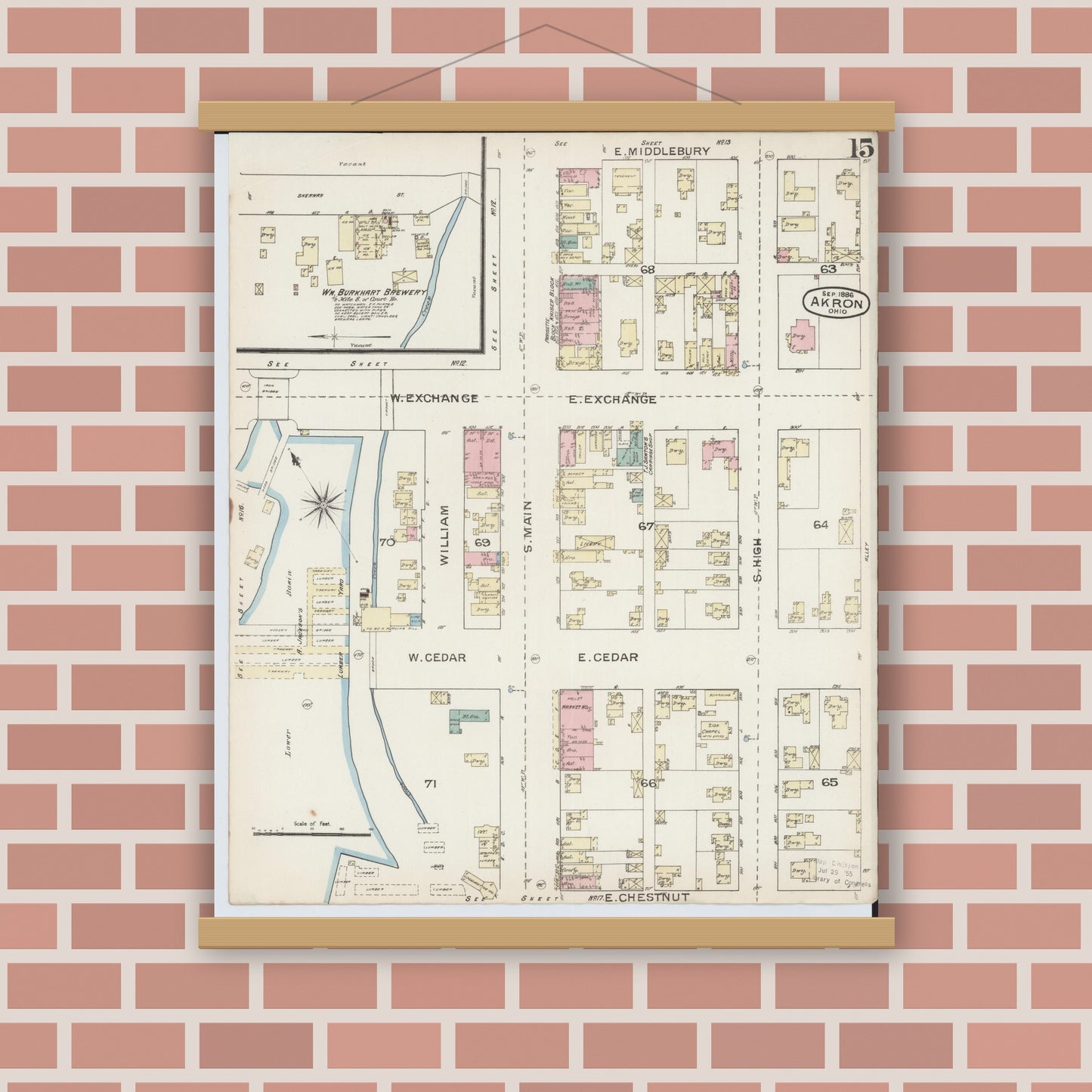 Old map wall art mockup — magnetic wood frame on brick wall — Sanborn Fire Insurance Map from Akron, Summit County, Ohio (1886), Sheet #0015