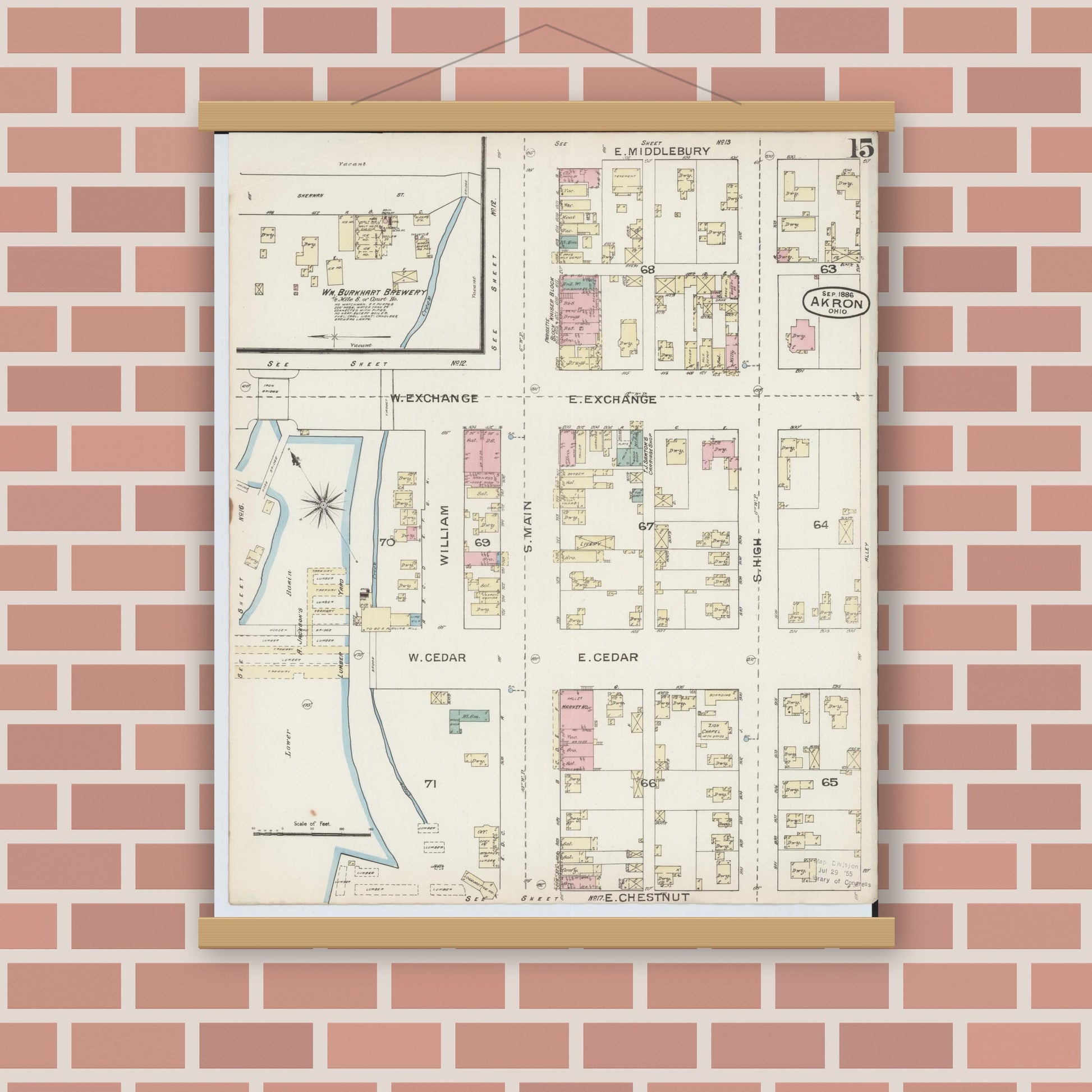 Old map wall art mockup — magnetic wood frame on brick wall — Sanborn Fire Insurance Map from Akron, Summit County, Ohio (1886), Sheet #0015