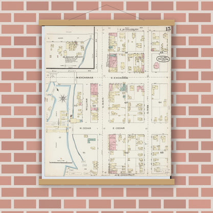 Old map wall art mockup — magnetic wood frame on brick wall — Sanborn Fire Insurance Map from Akron, Summit County, Ohio (1886), Sheet #0015