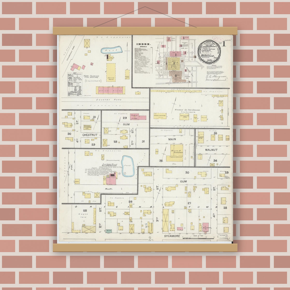 Old map wall art mockup — magnetic wood frame on brick wall — Sanborn Fire Insurance Map from Boonville, Warrick County, Indiana (1892), Sheet #0001