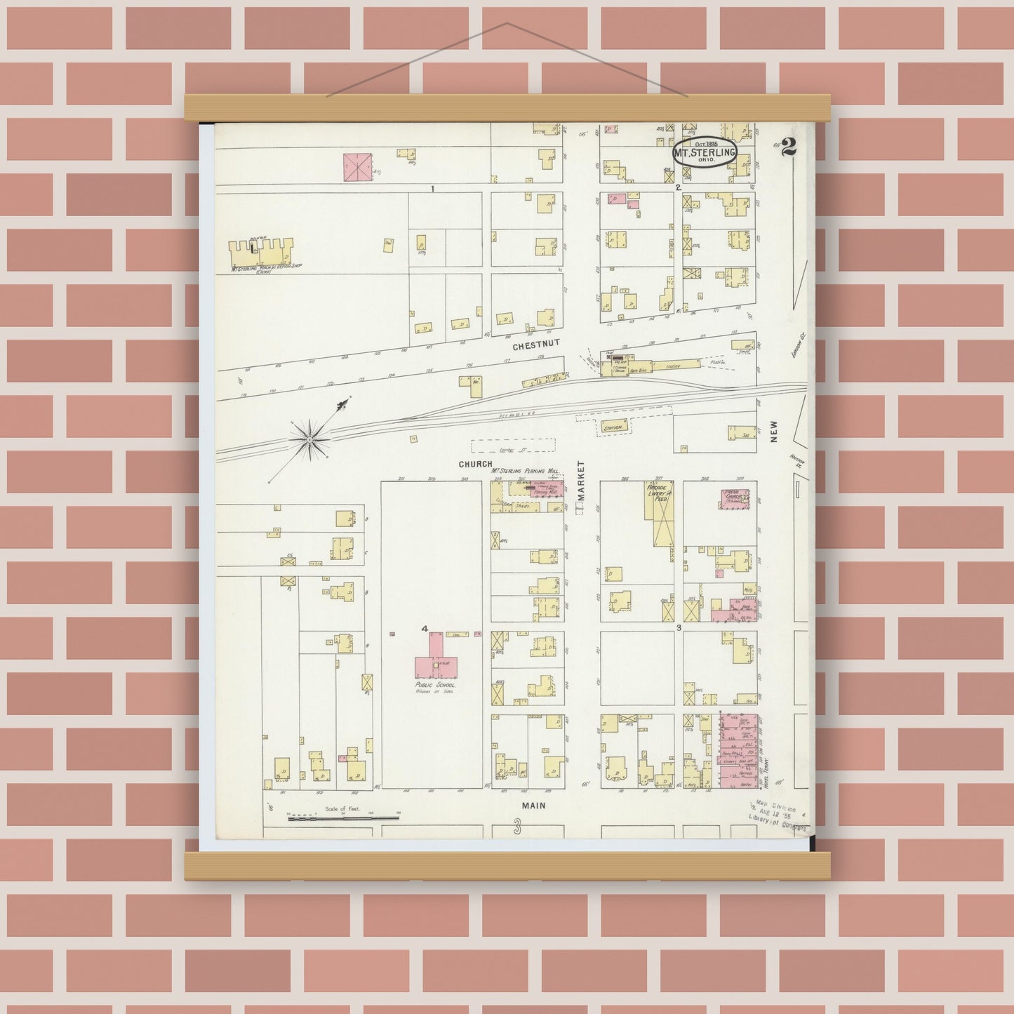 Old map wall art mockup — magnetic wood frame on brick wall — Sanborn Fire Insurance Map from Mount Sterling, Madison County, Ohio (1895), Sheet #0002
