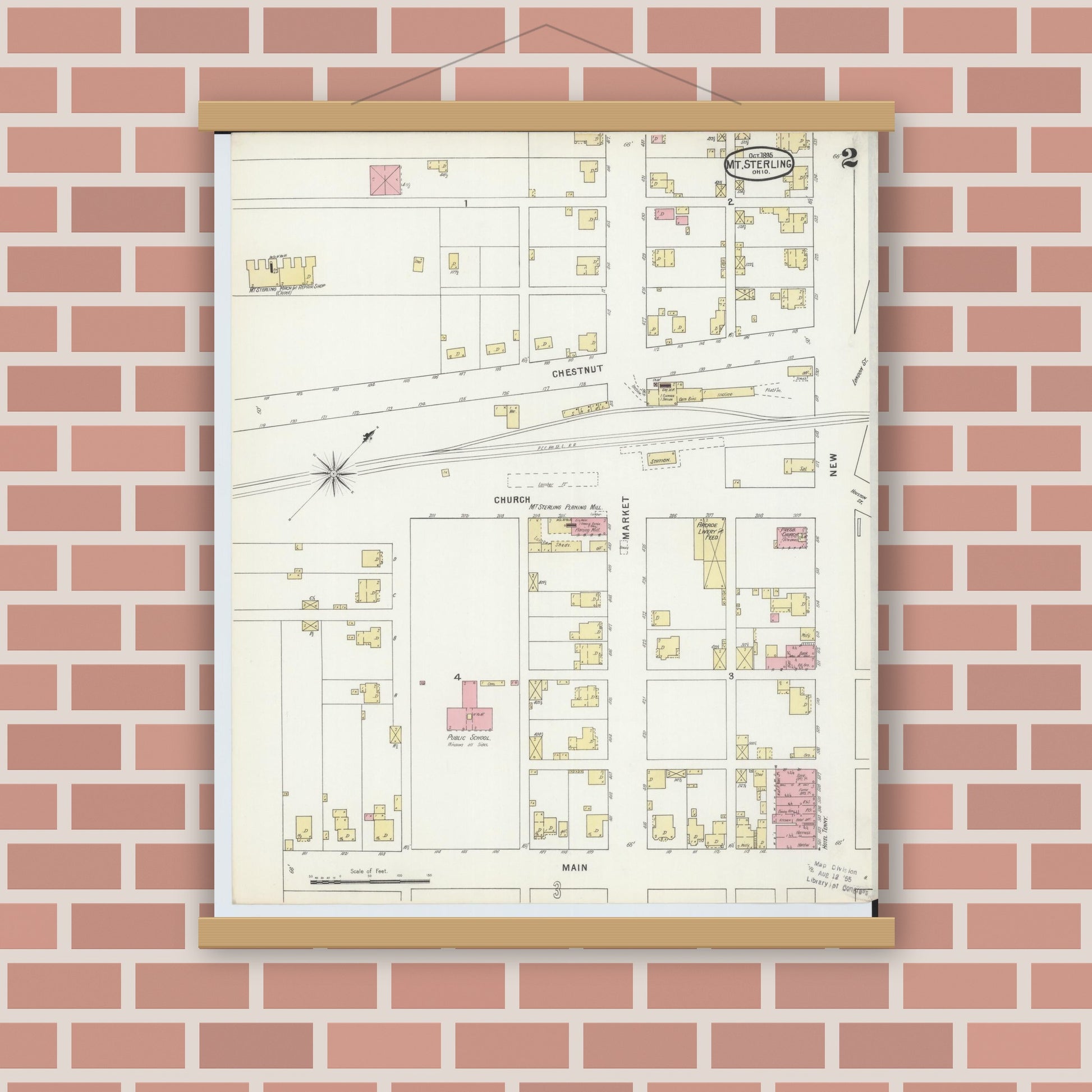 Old map wall art mockup — magnetic wood frame on brick wall — Sanborn Fire Insurance Map from Mount Sterling, Madison County, Ohio (1895), Sheet #0002