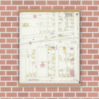 Old map wall art mockup — magnetic wood frame on brick wall — Sanborn Fire Insurance Map from Mount Sterling, Madison County, Ohio (1895), Sheet #0002