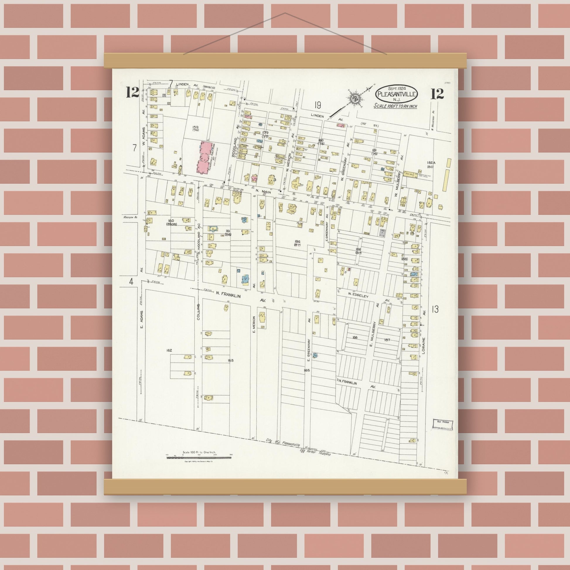 Old map wall art mockup — magnetic wood frame on brick wall — Sanborn Fire Insurance Map from Pleasantville, Atlantic County, New Jersey (1924), Sheet #0012