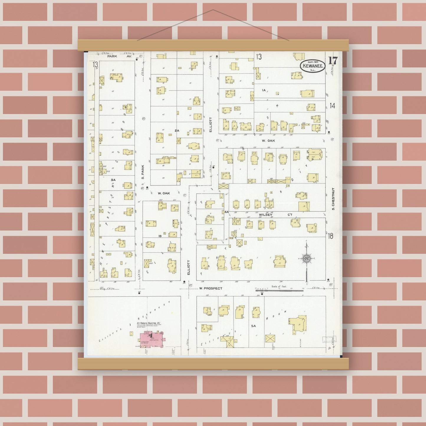 Old map wall art mockup — magnetic wood frame on brick wall — Sanborn Fire Insurance Map from Kewanee, Henry County, Illinois (1910), Sheet #0017