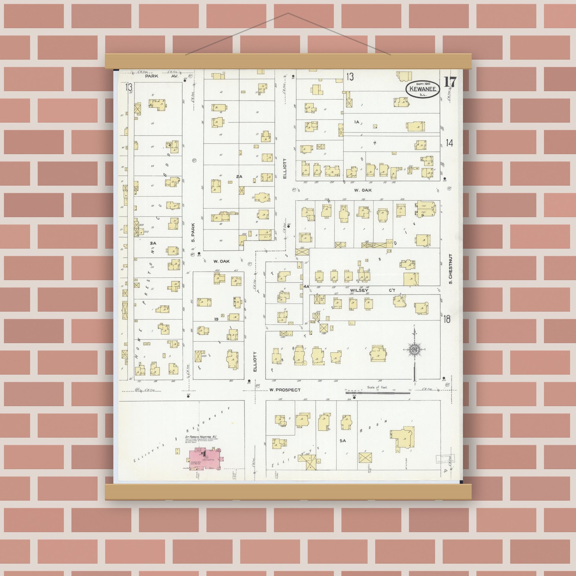Old map wall art mockup — magnetic wood frame on brick wall — Sanborn Fire Insurance Map from Kewanee, Henry County, Illinois (1910), Sheet #0017