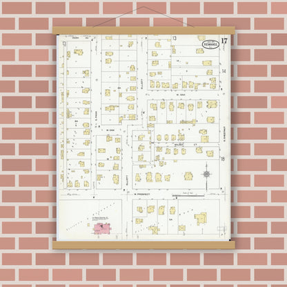 Old map wall art mockup — magnetic wood frame on brick wall — Sanborn Fire Insurance Map from Kewanee, Henry County, Illinois (1910), Sheet #0017