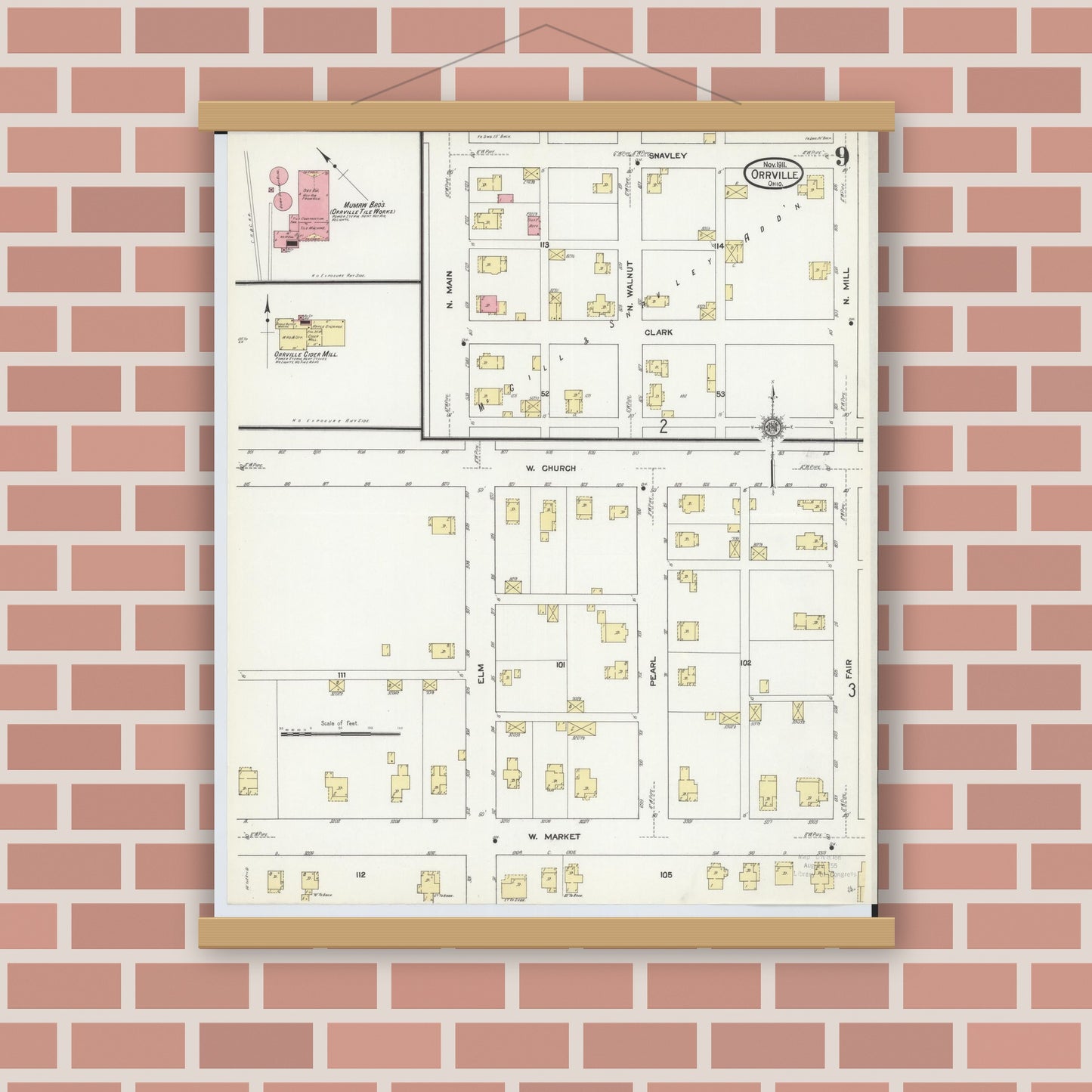 Old map wall art mockup — magnetic wood frame on brick wall — Sanborn Fire Insurance Map from Orrville, Wayne County, Ohio (1911), Sheet #0009