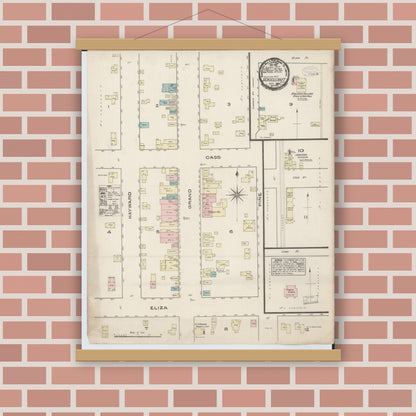 Old map wall art mockup — magnetic wood frame on brick wall — Sanborn Fire Insurance Map from Schoolcraft, Kalamazoo County, Michigan (1884), Sheet #0001