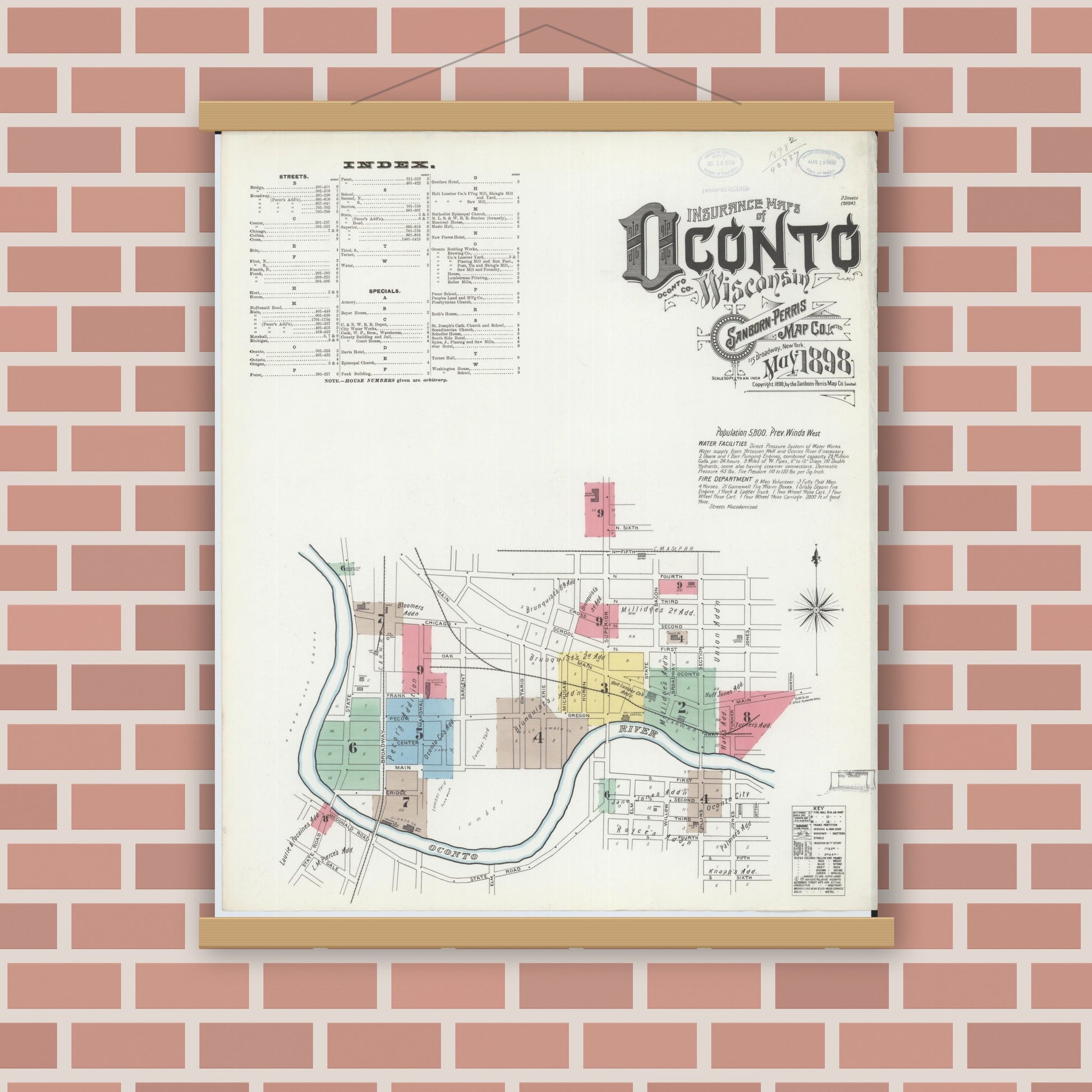 Old map wall art mockup — magnetic wood frame on brick wall — Sanborn Fire Insurance Map from Oconto, Oconto County, Wisconsin (1898), Sheet #0001