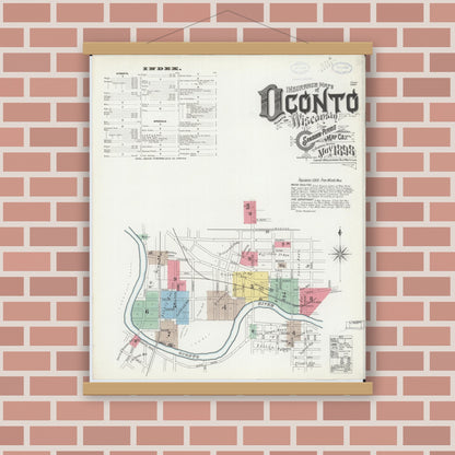 Old map wall art mockup — magnetic wood frame on brick wall — Sanborn Fire Insurance Map from Oconto, Oconto County, Wisconsin (1898), Sheet #0001