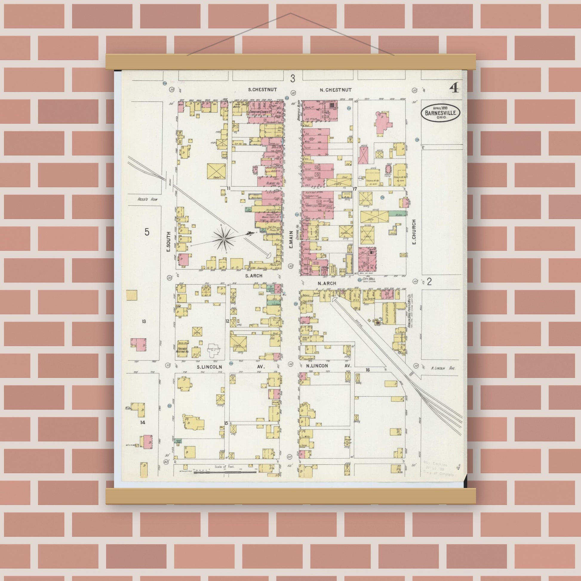 Old map wall art mockup — magnetic wood frame on brick wall — Sanborn Fire Insurance Map from Barnesville, Belmont County, Ohio (1899), Sheet #0004